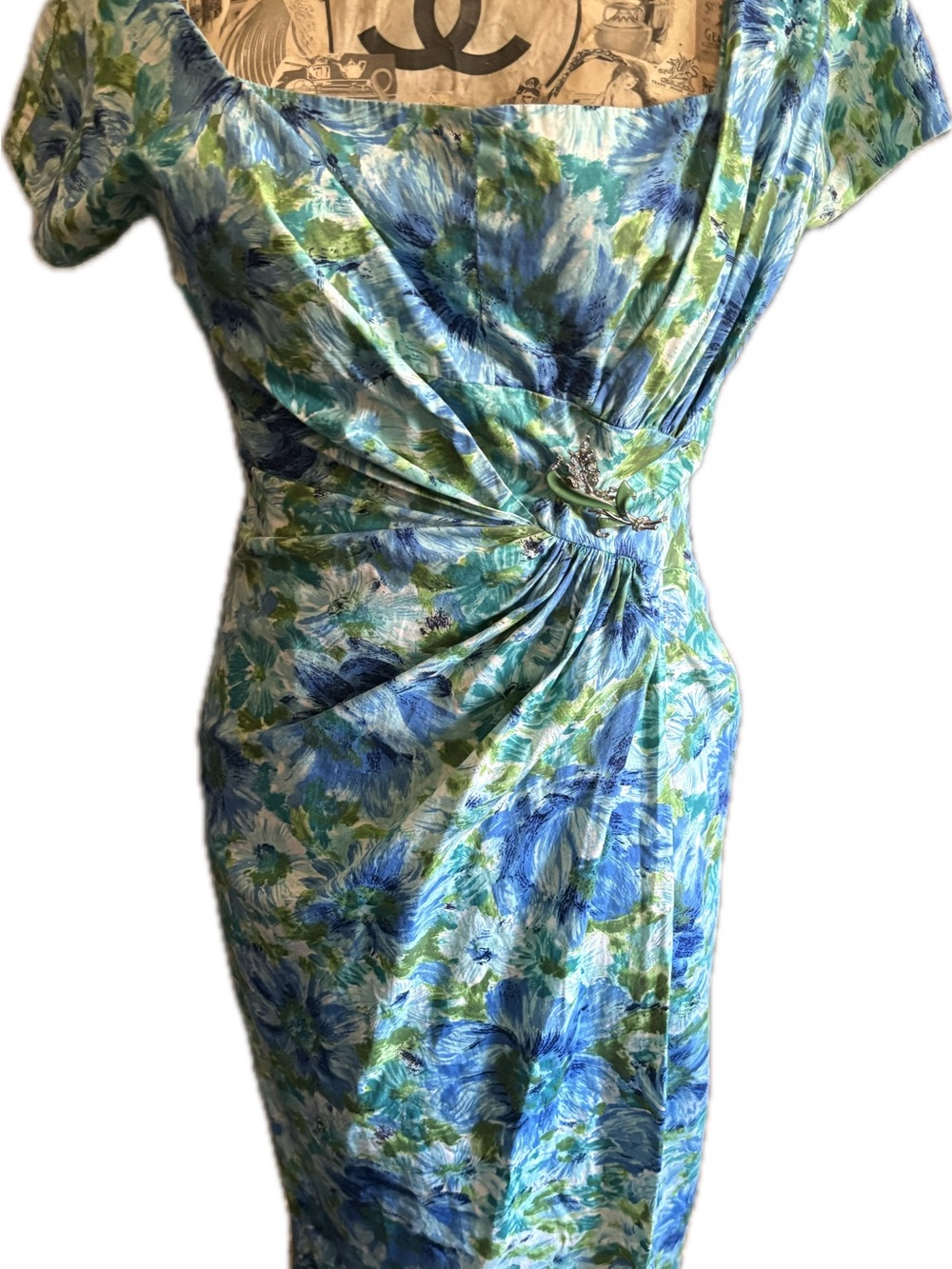 Floral Ruched Sheath Dress in Blue and Green
